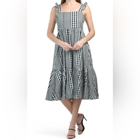 CROSBY by Mollie Burch Black and White Gingham ruffle strap midi dress size S - Picture 2 of 16